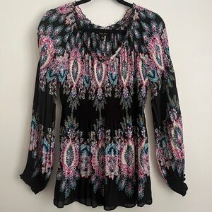Melissa Paige L Floral Bohemian Blouse Multicolor Stretch Pleated Semi-sheer